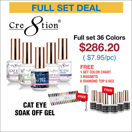 Cre8tion Cat Eye Soak Off Gel 0.5oz -  Full Set 36 colors w/ 6 Top Diamond 0.5oz, 3 Magnet Duo & 1 set Color Chart
