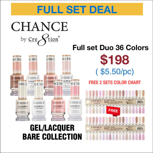 Chance Full Set - Matching Color Gel & Nail Lacquer 0.5oz -  Bare Collection 36 Colors & free 2 sets color chart